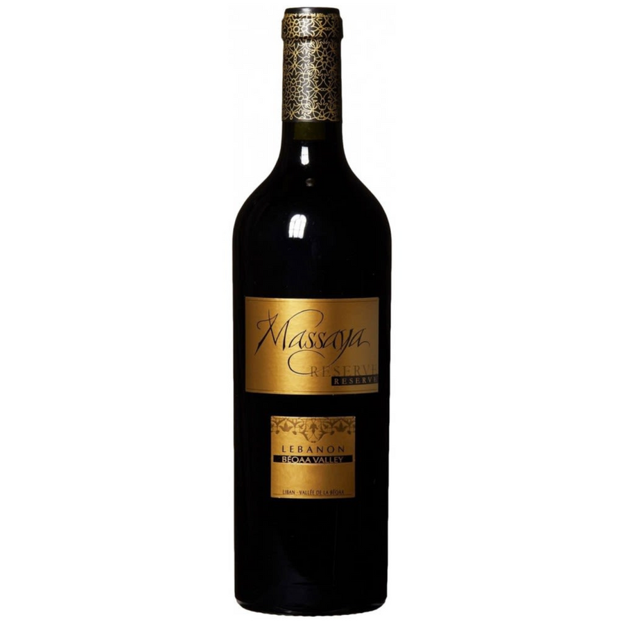 Bottle of Massaya Gold Reserve Rouge 2012, a red blend wine from Bekaa Valley, Lebanon.