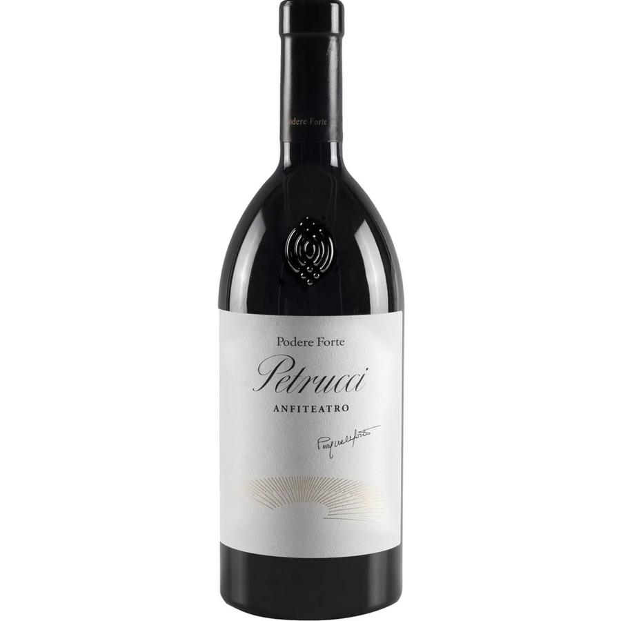 Bottle of Podere Forte Petrucci Anfiteatro Orcia 2015, a Sangiovese red wine from Tuscany, Italy.