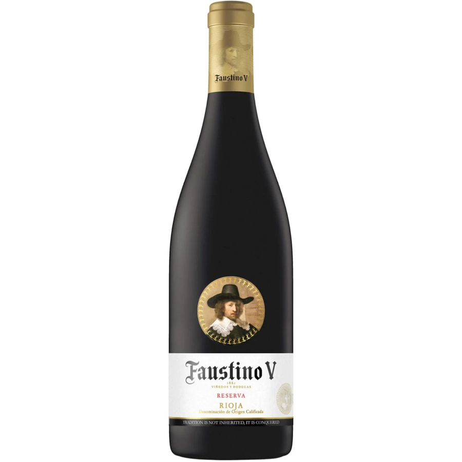 Bottle of Bodegas Faustino V Reserva 2018, a Tempranillo red wine from Rioja, Spain.