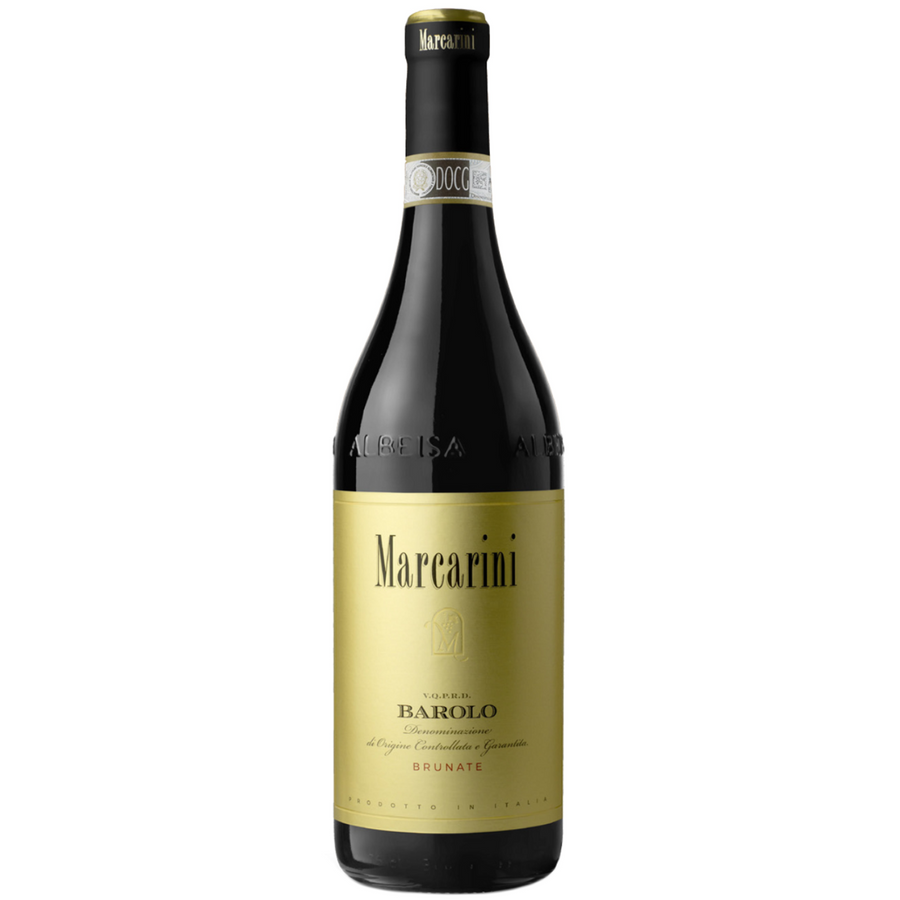 Bottle of Marcarini Brunate Barolo 2018, a Nebbiolo red wine from Piedmont, Italy.