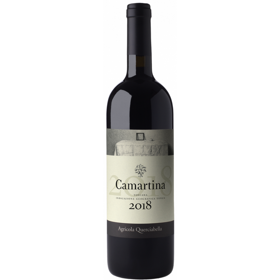 Bottle of Querciabella Camartina 2018, a Cabernet Sauvignon and Sangiovese red blend from Tuscany, Italy.