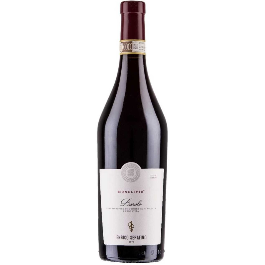 Bottle of Enrico Serafino Monclivio Barolo 2020, a Nebbiolo red wine from Piedmont, Italy.