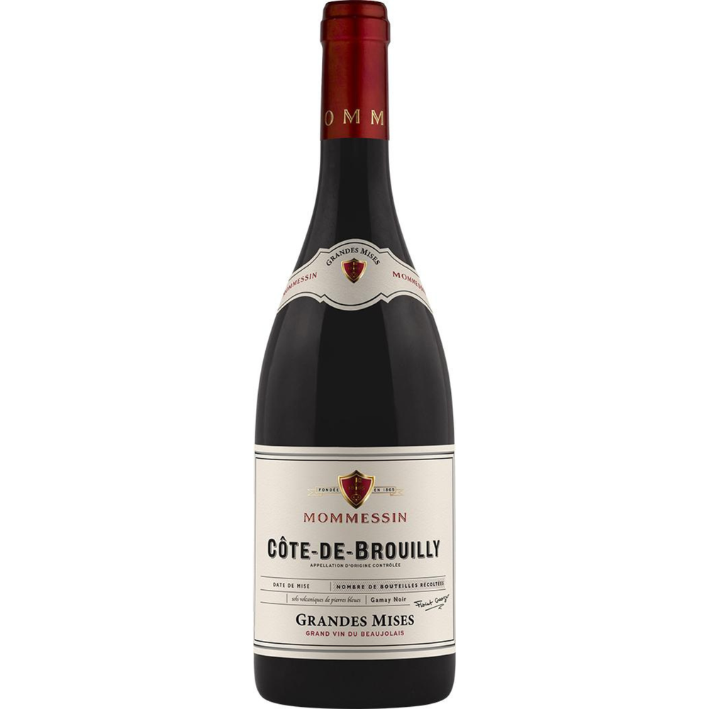 Bottle of Mommessin Cote de Brouilly Les Grandes Mises 2021, a Gamay red wine from Beaujolais, France.