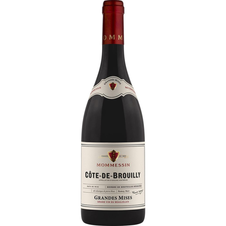 Bottle of Mommessin Cote de Brouilly Les Grandes Mises 2022, a Gamay red wine from Beaujolais, France.