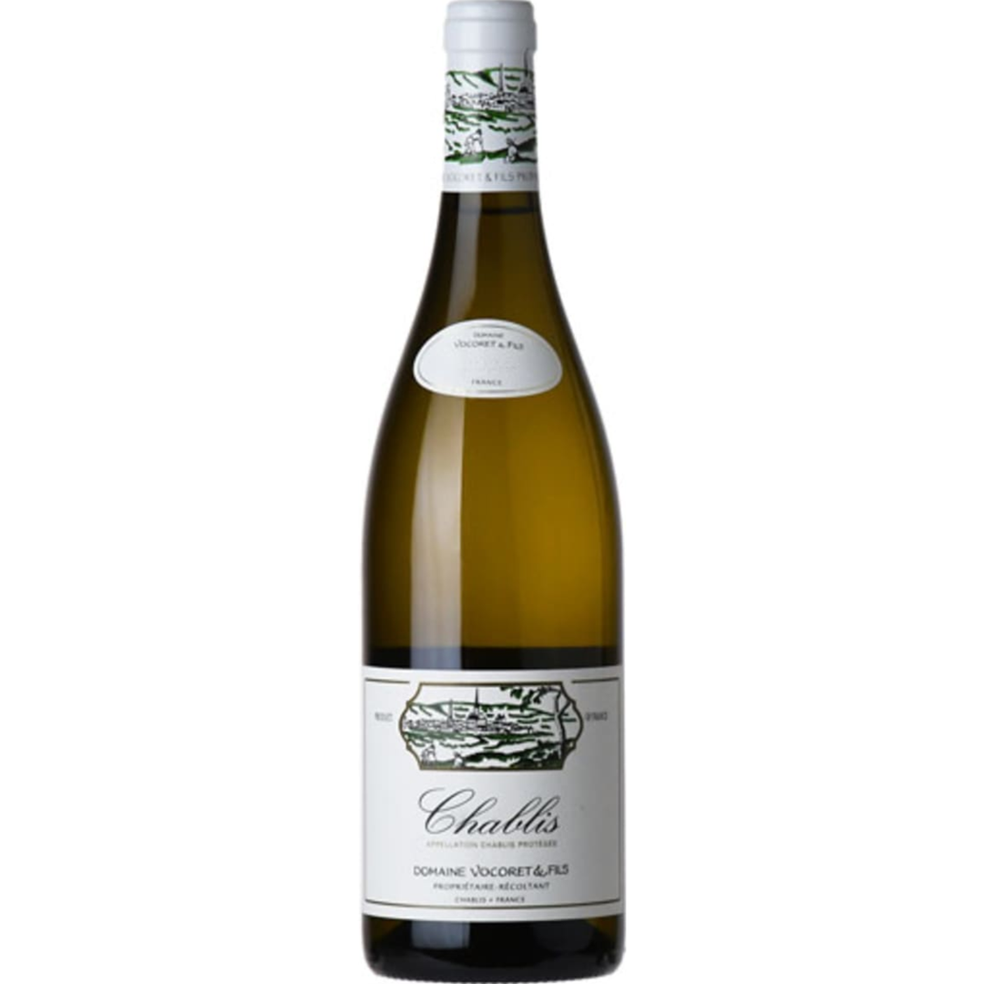 Bottle of Domaine Vocoret et Fils Chablis, Burgundy, France.