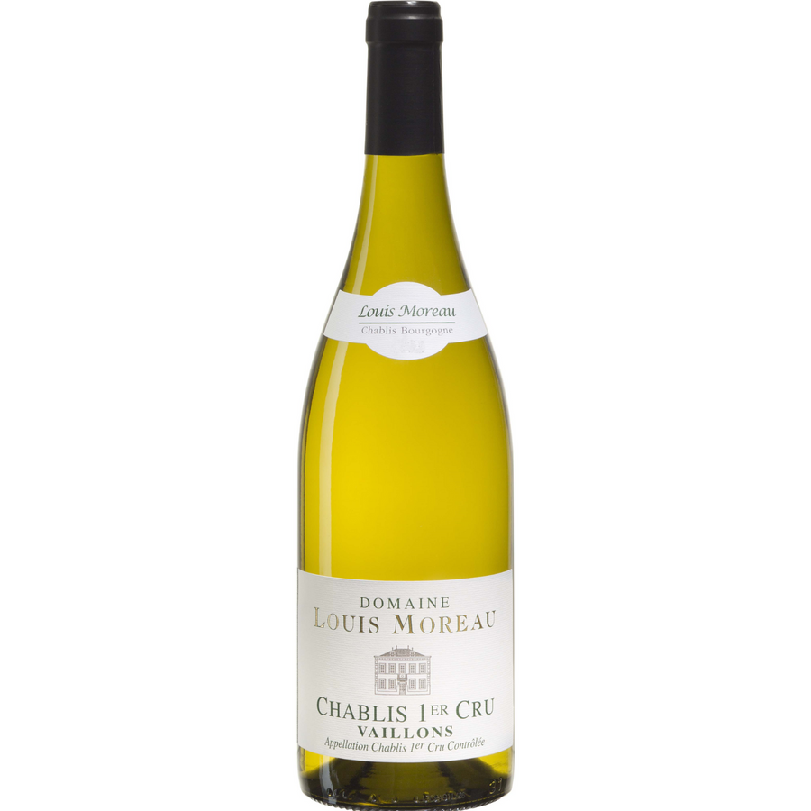 Bottle of Domaine Louis Moreau Vaillons 2023, a Chardonnay white wine from Chablis, France.