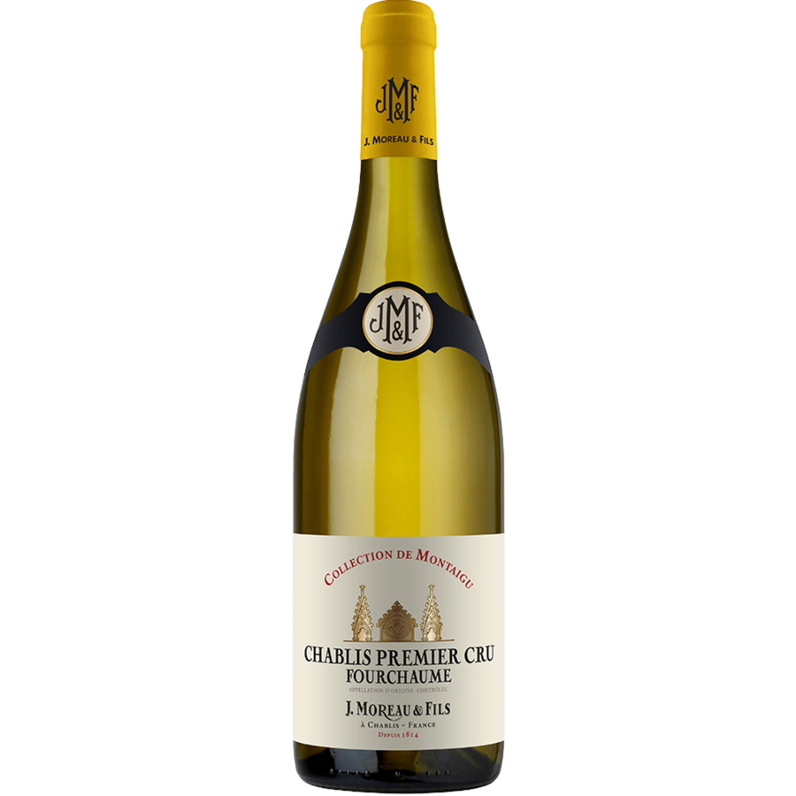 Bottle of J. Moreau & Fils Fourchaume 2023, a Chardonnay white wine from Chablis, France.