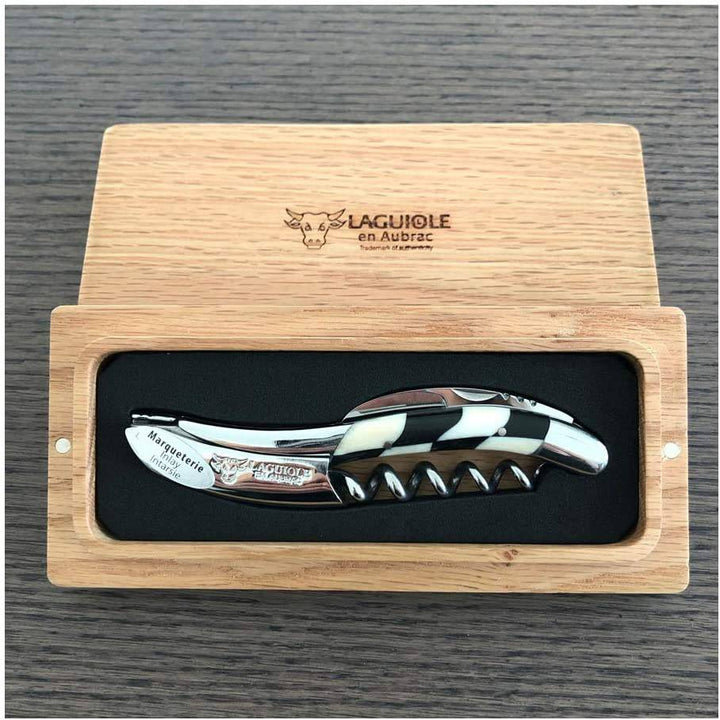 Handcrafted Sommelier Waiter's Corkscrew with Ebony & Bone Checkerboard Handle, Shiny Finish by Laguiole en Aubrac