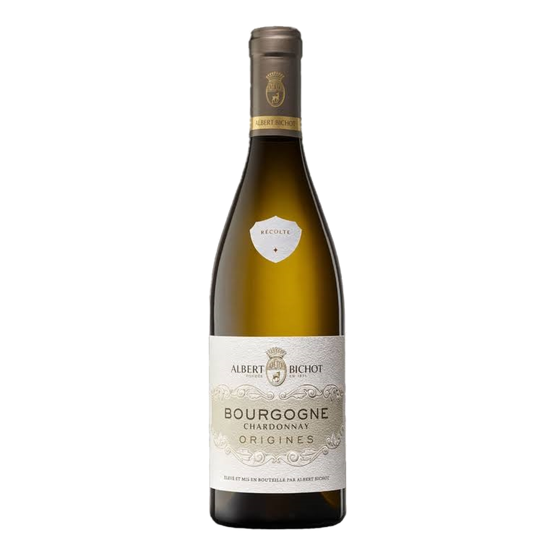 Bottle of Albert Bichot Bourgogne Chardonnay Origines, a Chardonnay white wine from Burgundy, France.