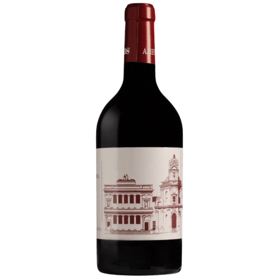 Bottle of Azienda Agricola Cos Cerasuolo di Vittoria Classico 2020, a red blend wine from Sicily, Italy.