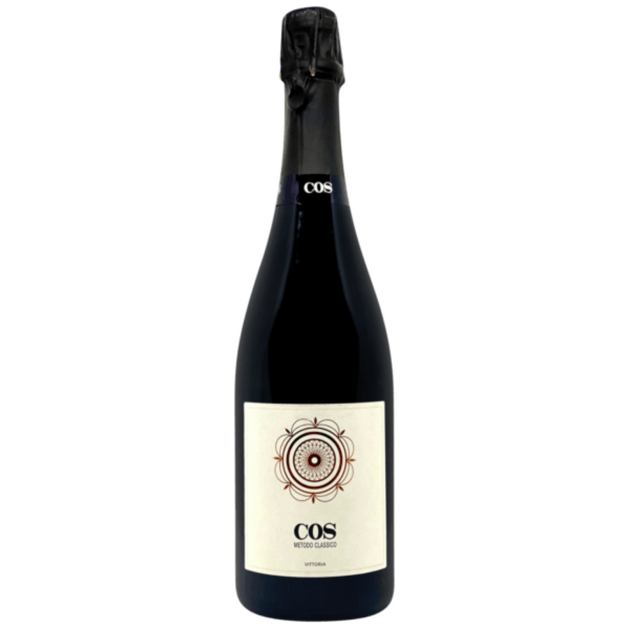 Bottle of Azienda Agricola Cos Frappato Metodo Classico Extra Brut 2019, a Frappato sparkling wine from Sicily, Italy.