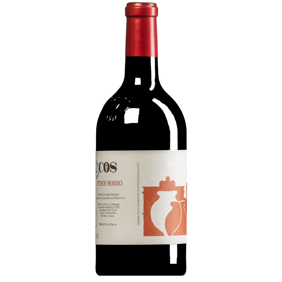 Bottle of Azienda Agricola Cos Pithos Rosso di Vittoria 2021, a red blend wine from Sicily, Italy.