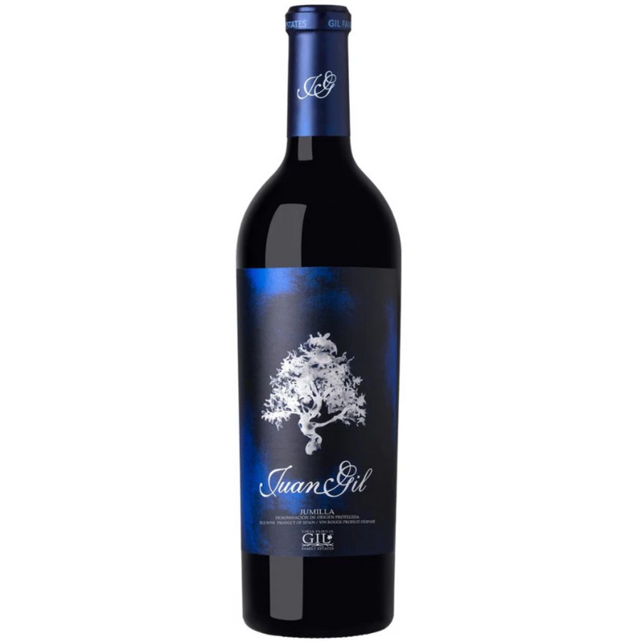 Bottle of Juan Gil 18 Meses Blue Label Monastrell 2021, a Monastrell red wine from Jumilla, Spain.
