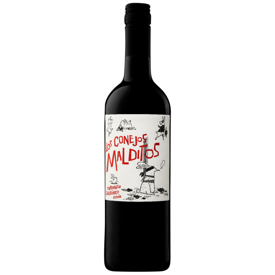 Bottle of Mas Que Vinos Los Conejos Malditos Tempranillo Carbonico 2022, a Tempranillo red wine from Castilla La Mancha, Spain.