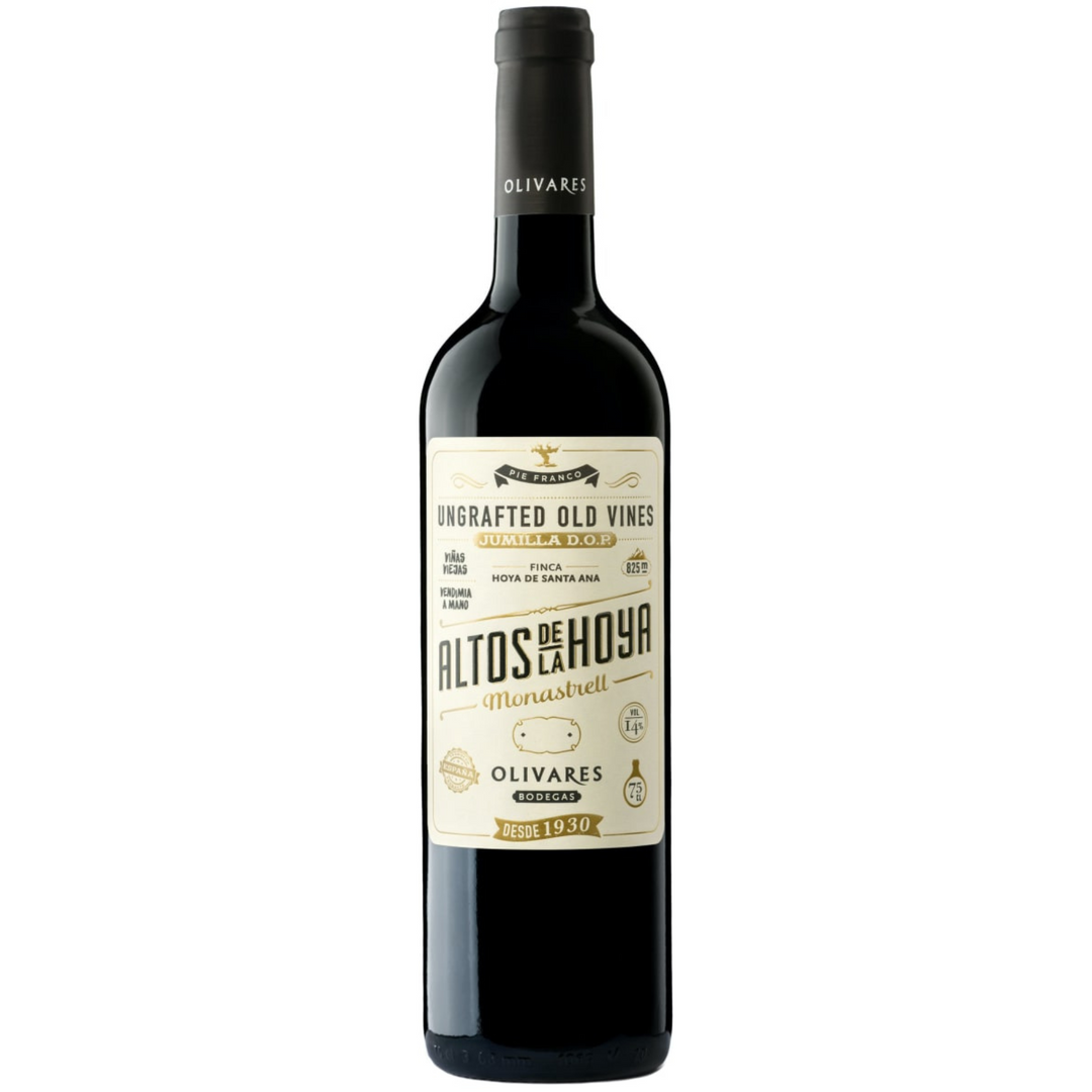 Bottle of Bodegas Olivares Altos de la Hoya Monastrell 2020, a Monastrell red wine from Jumilla, Spain.