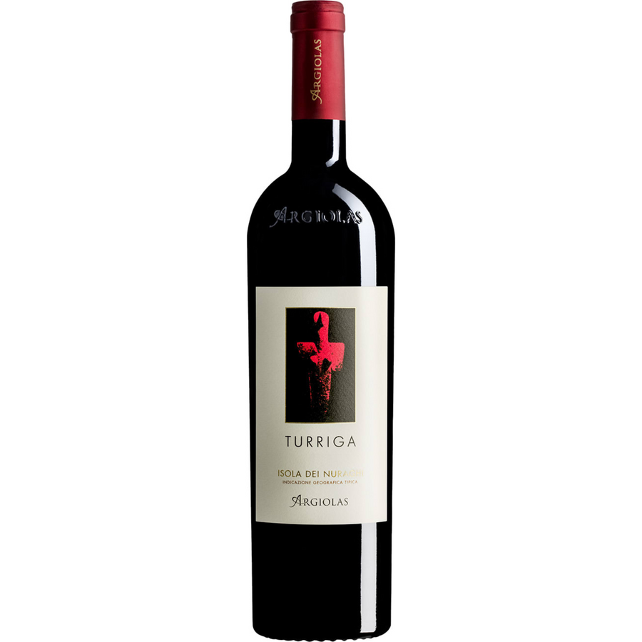 Bottle of Cantine Argiolas Turriga 2020, a red blend wine from Sardinia, Italy.