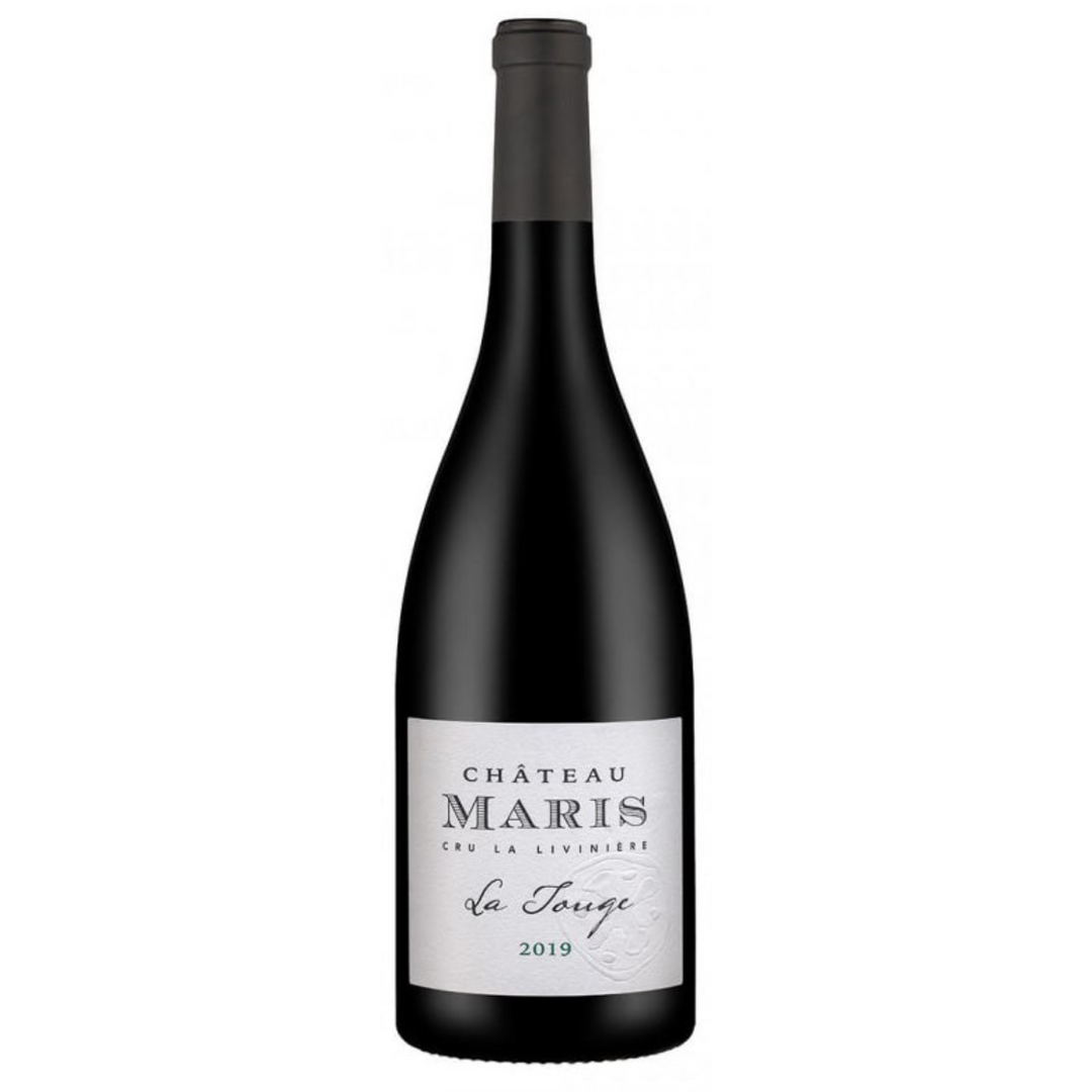 Bottle of Chateau Maris La Touge Minervois La Liviniere 2019, a Syrah red wine from Languedoc, France.