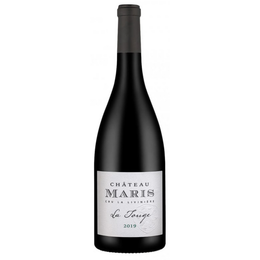 Bottle of Chateau Maris La Touge Minervois La Liviniere 2019, a Syrah red wine from Languedoc, France.