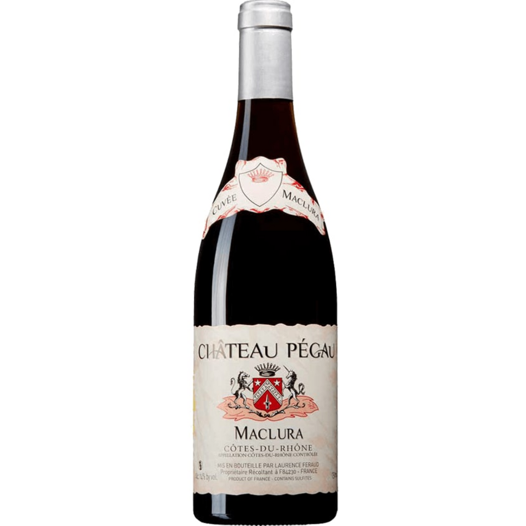 Bottle of Chateau Pegau Cotes du Rhone Cuvee Maclura 2021, a Grenache red wine from Rhone, France.