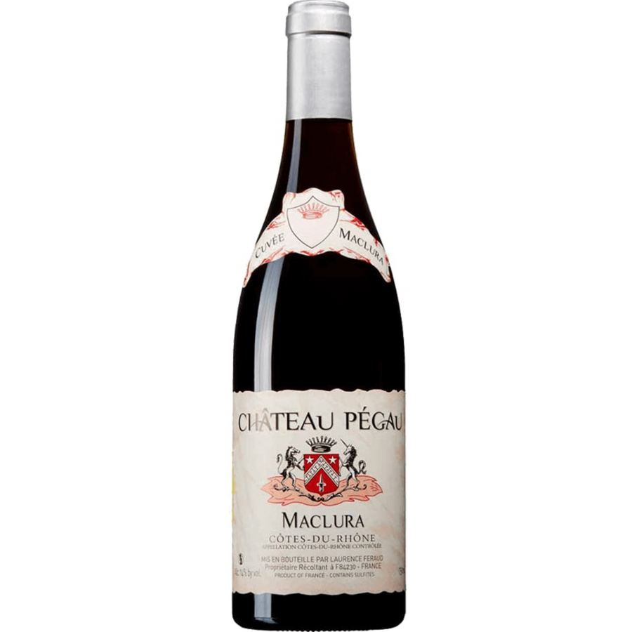Bottle of Chateau Pegau Cotes du Rhone Cuvee Maclura 2021, a Grenache red wine from Rhone, France.