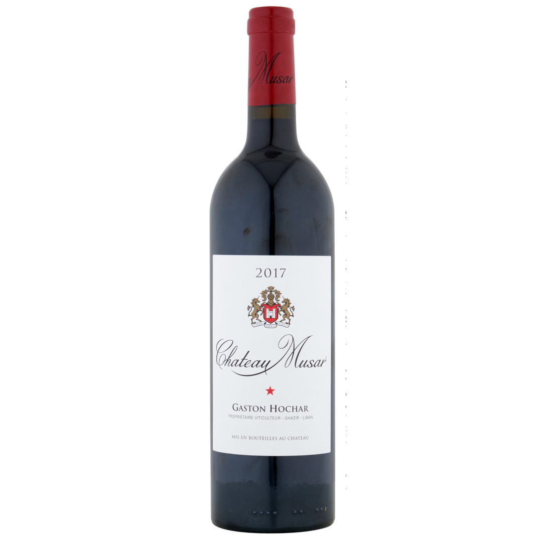 Bottle of Chateau Musar 2018, a red blend wine from Bekaa Valley, Lebanon.
