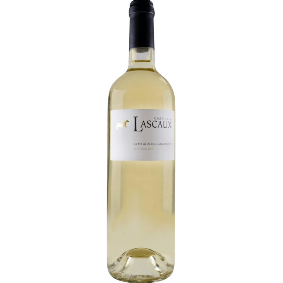 Bottle of Chateau de Lascaux Garrigue Blanc 2016, a white blend wine from Languedoc, France.