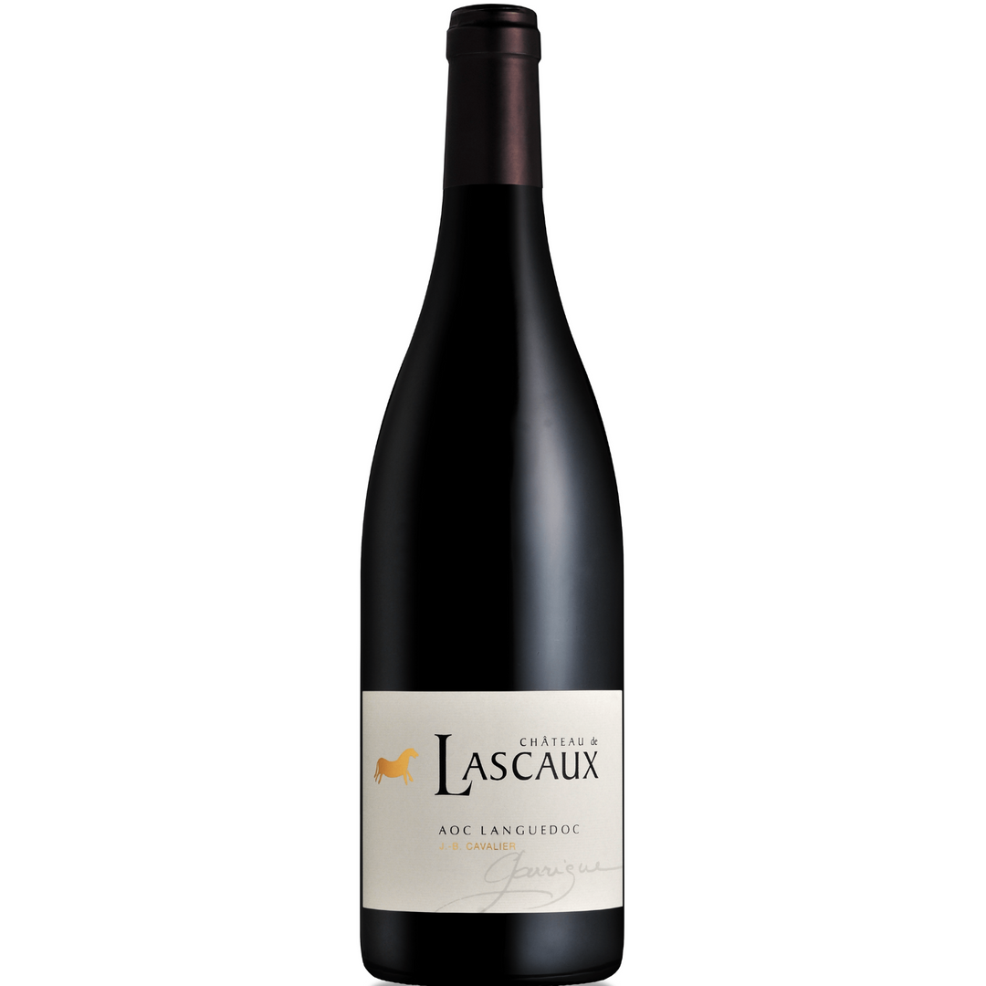 Bottle of Chateau de Lascaux Garrigue Rouge 2014, a red blend wine from Languedoc, France.