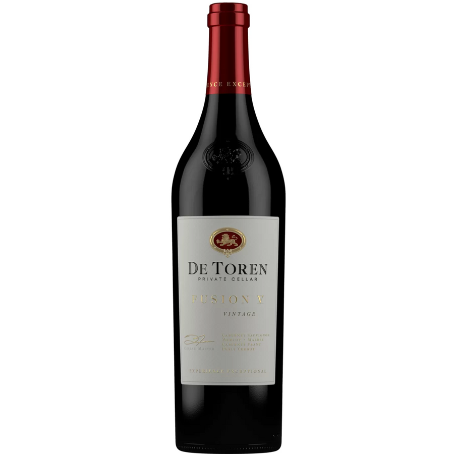 Bottle of De Toren Fusion V 2020, a red wine from Stellenbosch, South Africa.