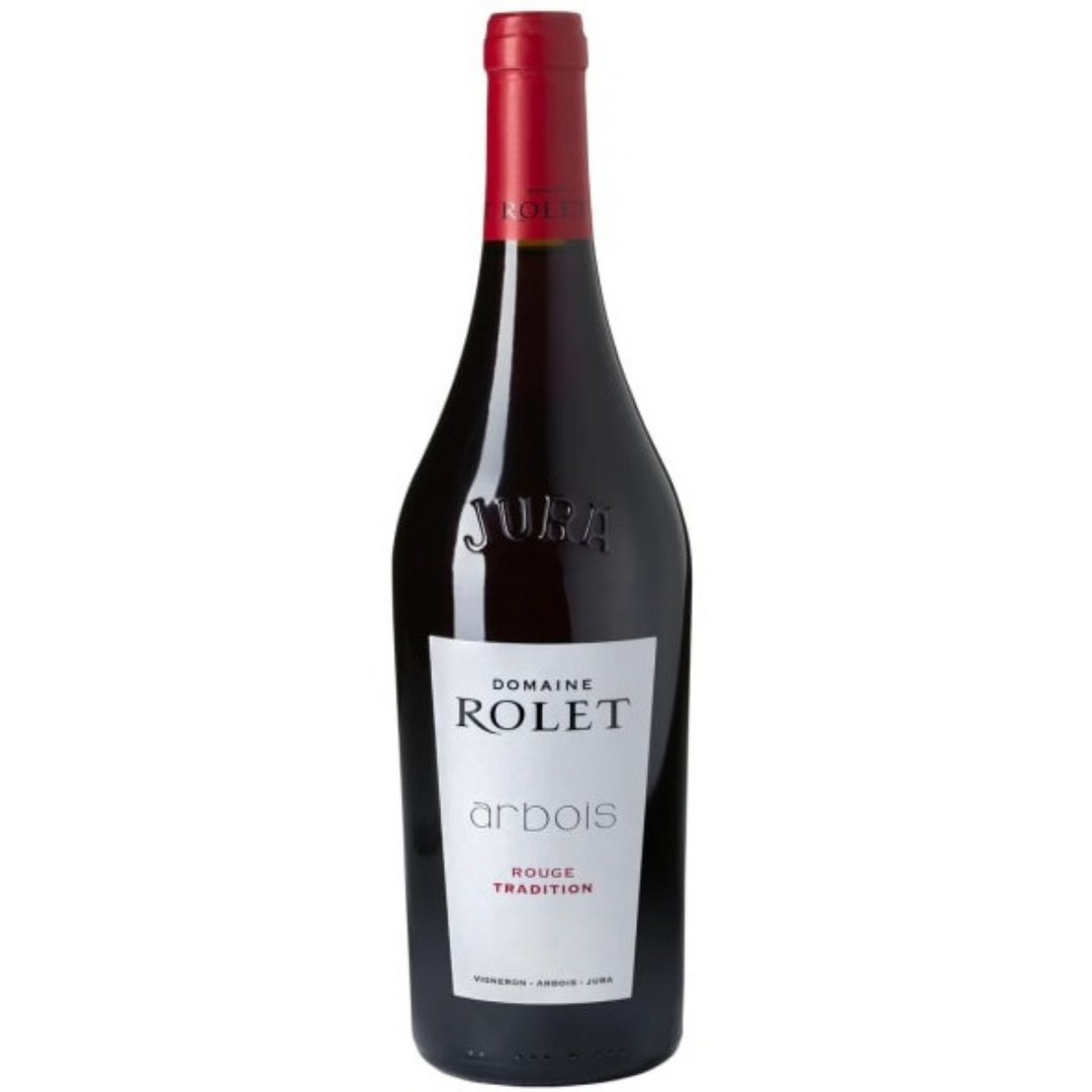 Bottle of Domaine Rolet Arbois Rouge Tradition 2022, a red wine from the Jura, France.