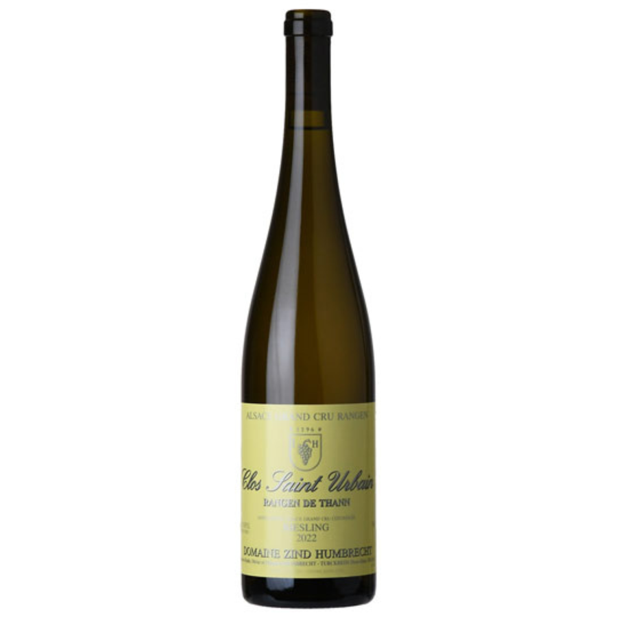 Bottle of Domaine Zind-Humbrecht Riesling Rangen de Thann Clos Saint Urbain 2022, a Riesling white wine from Alsace, France.