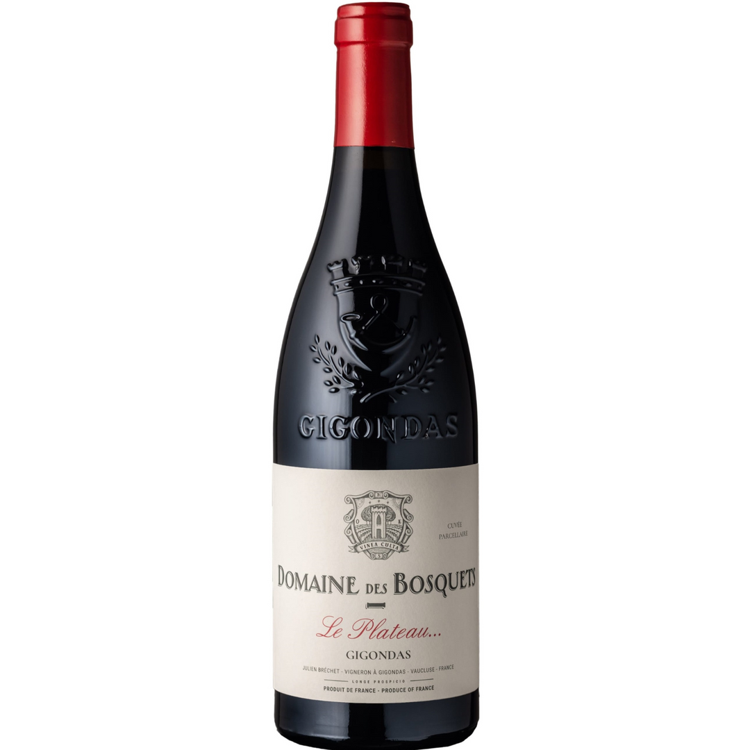 Bottle of Domaine des Bosquets Gigondas Le Plateau 2018, a Mourvèdre red wine from the Rhône, France.