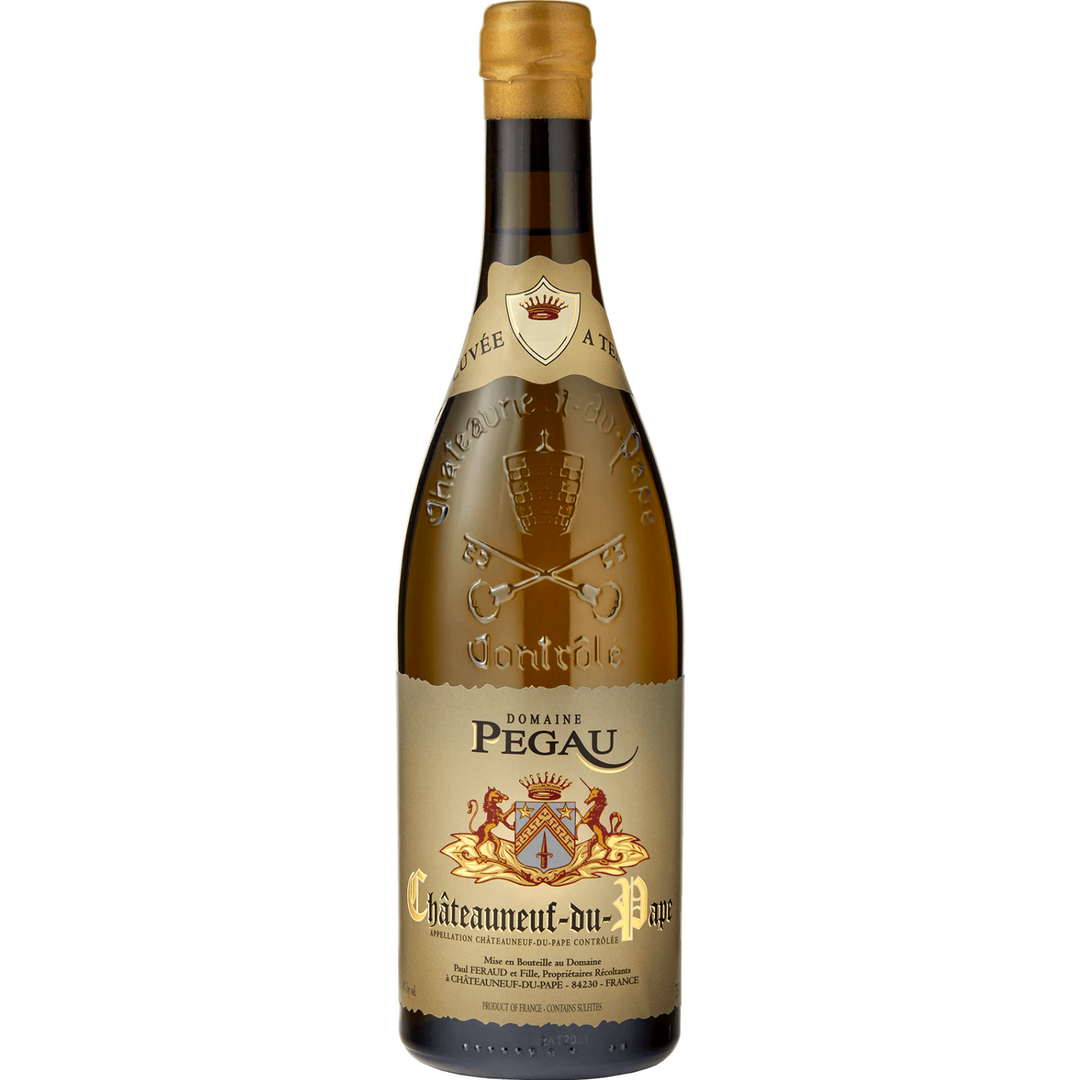 Bottle of Domaine du Pegau Chateauneuf-du-Pape A Tempo Blanc 2021, a white wine from Rhone, France.