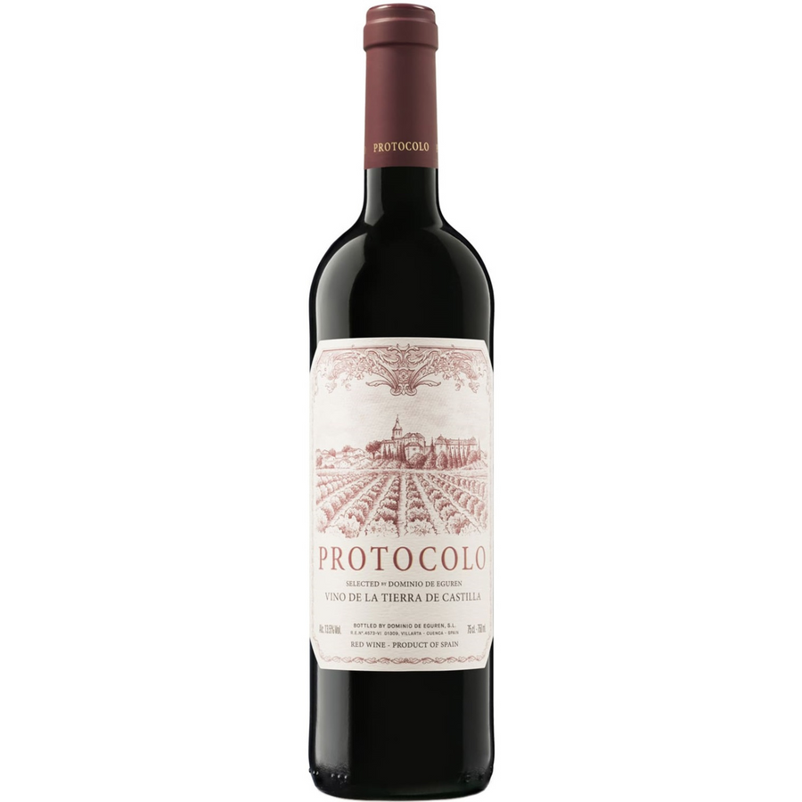 Bottle of Dominio de Eguren Protocolo Tinto 2020, a Tempranillo red wine from Castilla, Spain.