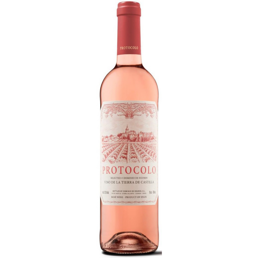 Bottle of Dominio de Eguren Protocolo Rosado 2021, a rose wine from Castilla, Spain.