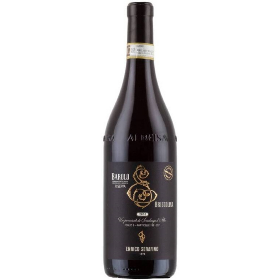 Bottle of Enrico Serafino Briccolina Riserva Barolo 2016, a Nebbiolo red wine from Piedmont, Italy.