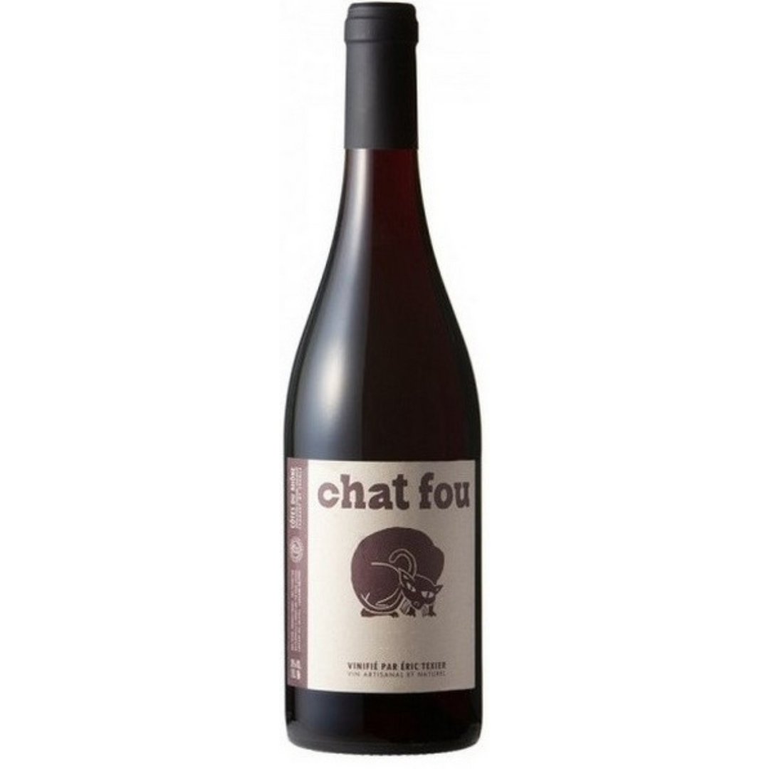 Bottle of Eric Texier Cotes du Rhone Chat Fou 2022, a red blend from the Rhone, France.