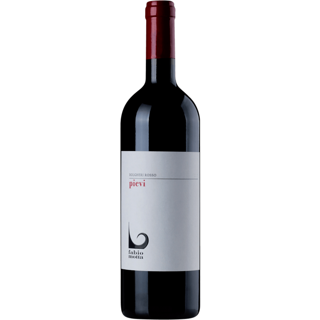 Bottle of Fabio Motta Pievi Bolgheri 2022, a red wine from Tuscany, Italy.