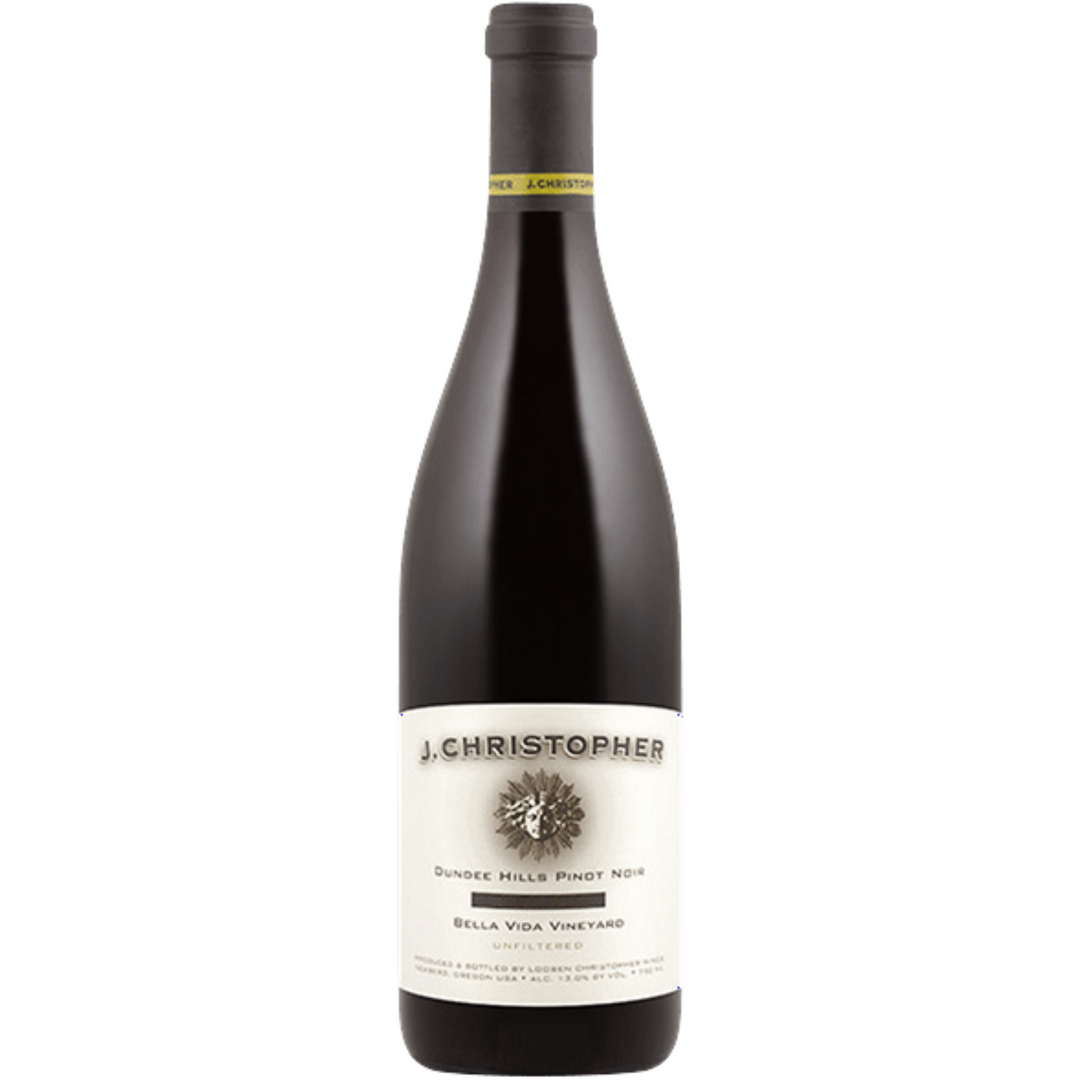 Bottle of J. Christopher Bella Vida Pinot Noir 2017, a red wine from Willamette Valley, United States.
