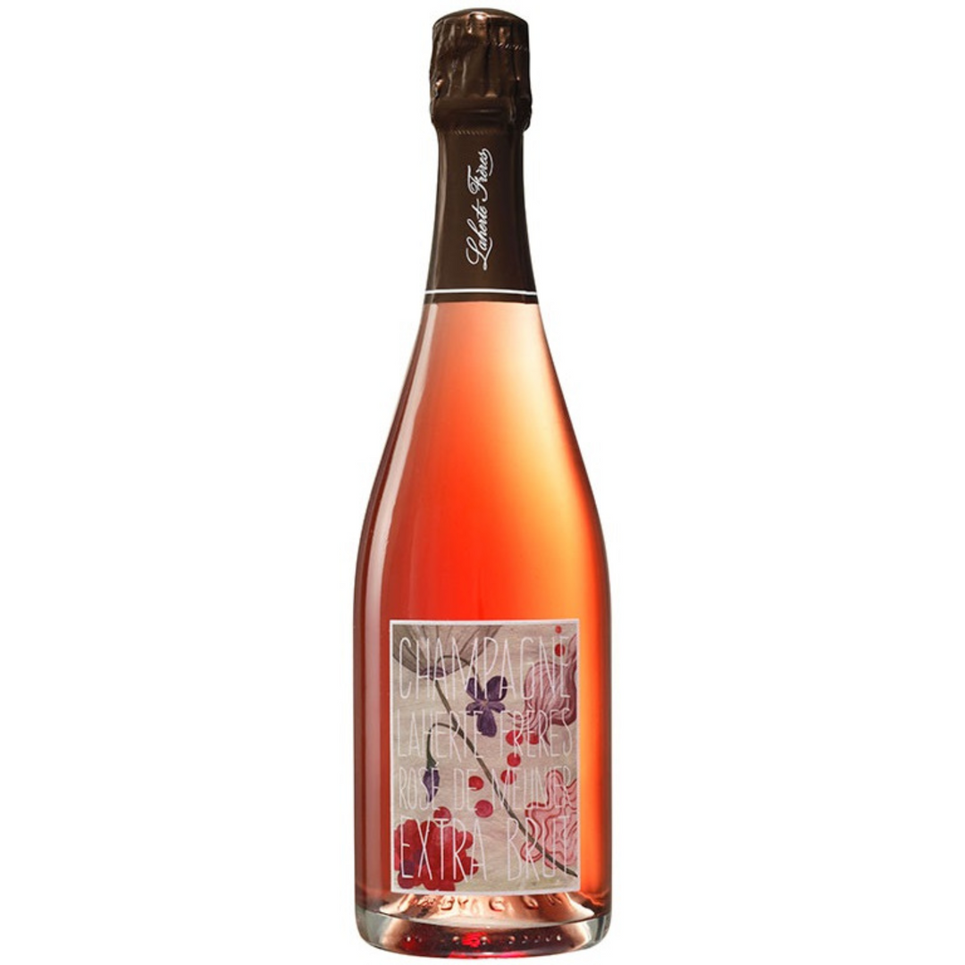 Bottle of Laherte Freres Rose de Meunier Extra Brut Champagne NV, a sparkling rose Champagne from France.