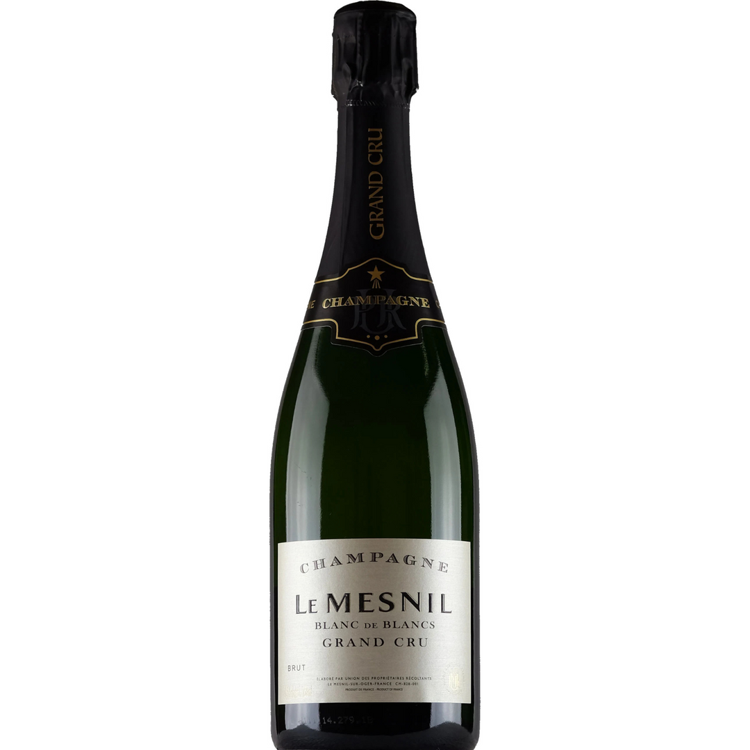 Bottle of Le Mesnil Blanc de Blancs Grand Cru Brut NV, a sparkling wine from Champagne, France.