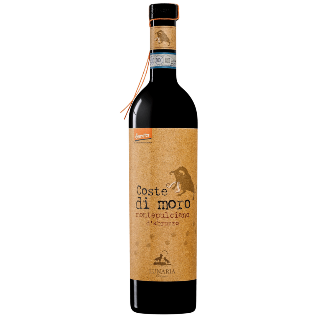 Bottle of Lunaria Orsogna Coste di Moro Montepulciano d'Abruzzo 2018, a Montepulciano red wine from Abruzzo, Italy.