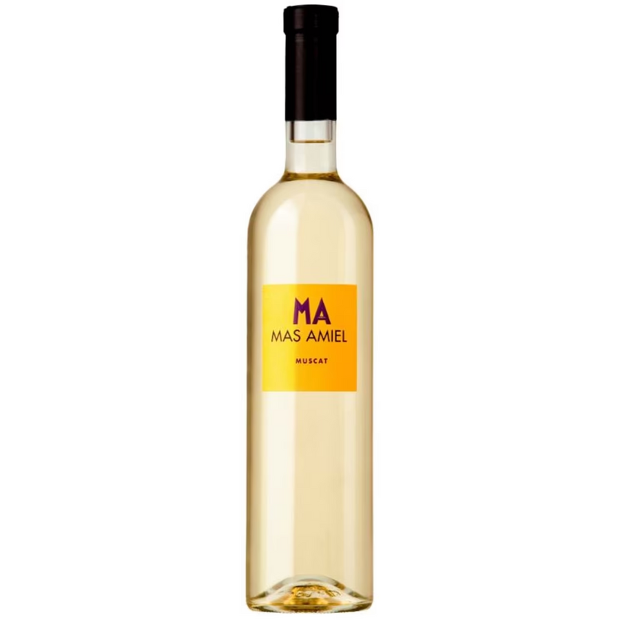 Bottle of Mas Amiel Muscat de Rivesaltes 2025, a Muscat sweet fortified wine from Languedoc-Roussillon, France.