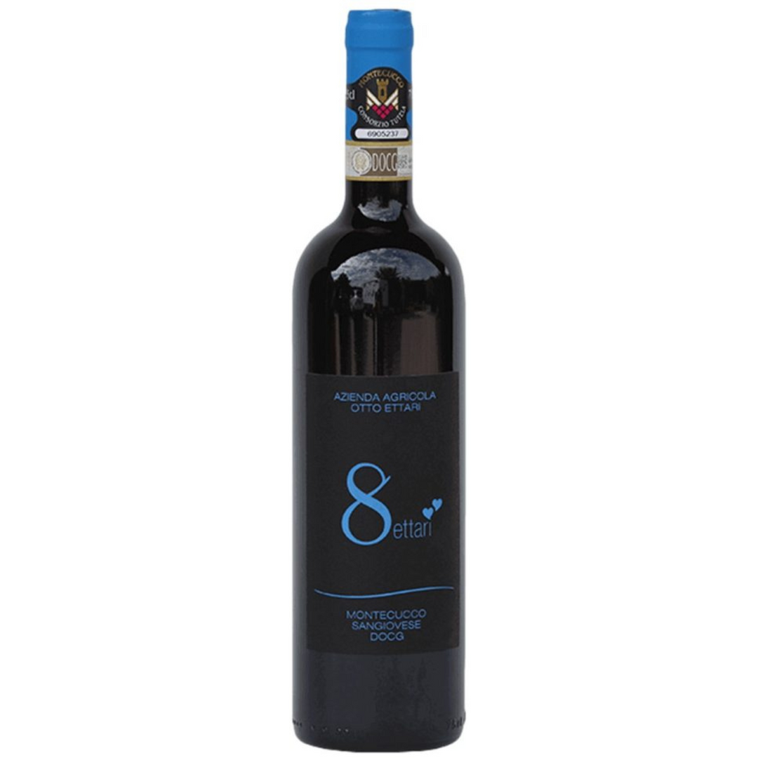 Bottle of Otto Ettari Montecucco Sangiovese DOCG 2015, a Sangiovese red wine from Tuscany, Italy.