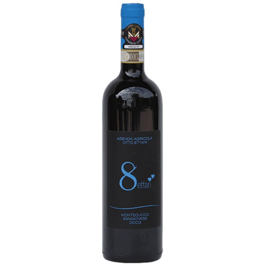 Bottle of Otto Ettari Montecucco Sangiovese DOCG 2015, a Sangiovese red wine from Tuscany, Italy.