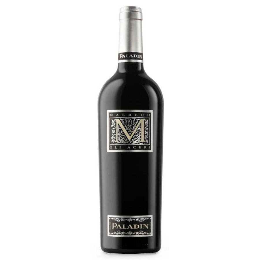 Bottle of Paladin Malbech Gli Aceri 2018, a Malbec red wine from Veneto, Italy.
