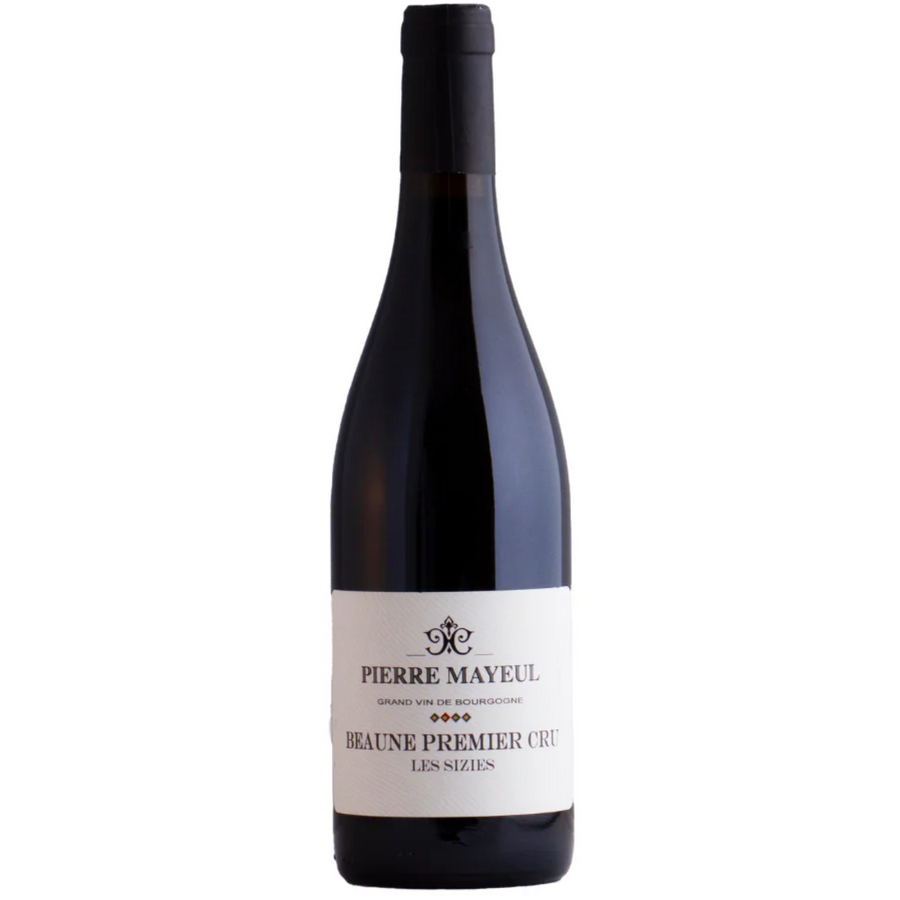 Bottle of Pierre Mayeul Les Sizies 2018, a Pinot Noir red wine from Beaune, France.