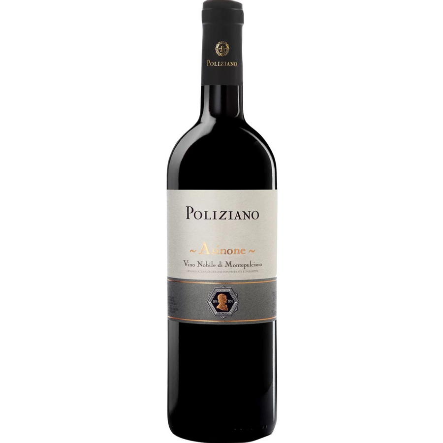 Bottle of Poliziano Asinone 2021, a Sangiovese red wine from Tuscany, Italy.