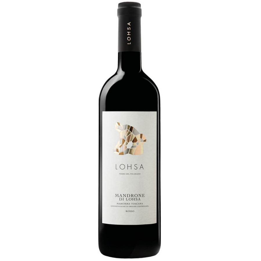 Bottle of Poliziano Mandrone di Lohsa 2020, a red wine from Tuscany, Italy.