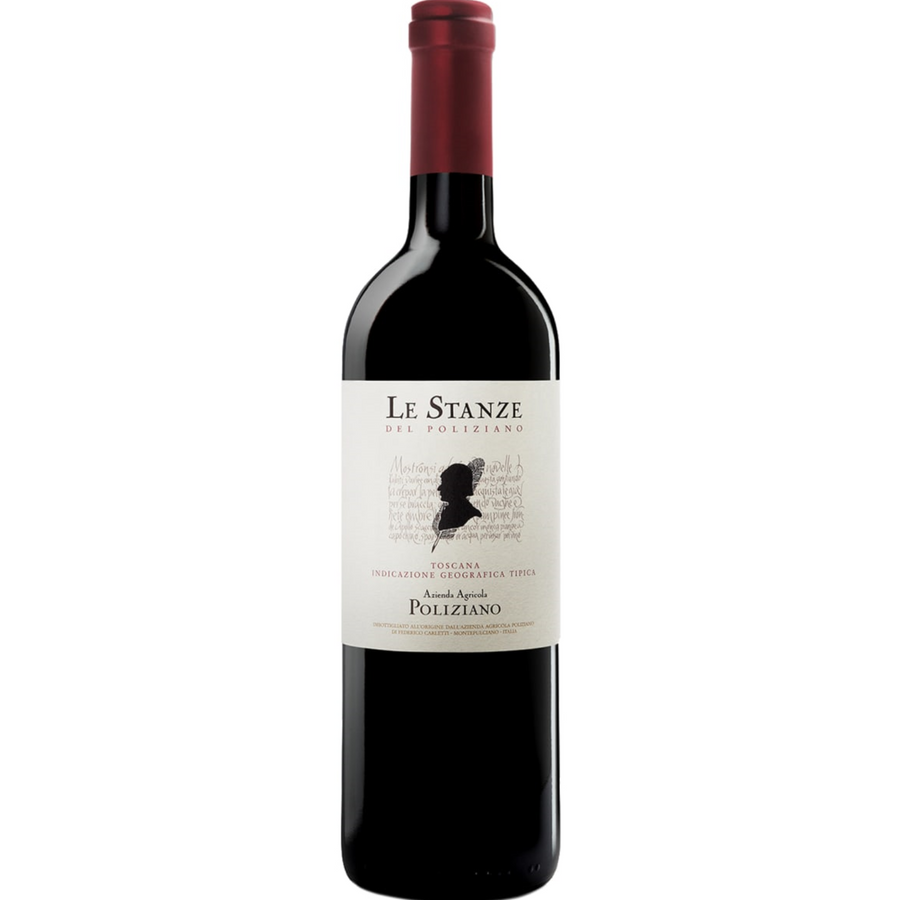 Bottle of Poliziano Le Stanze del Poliziano 2020, a red blend wine from Tuscany, Italy.