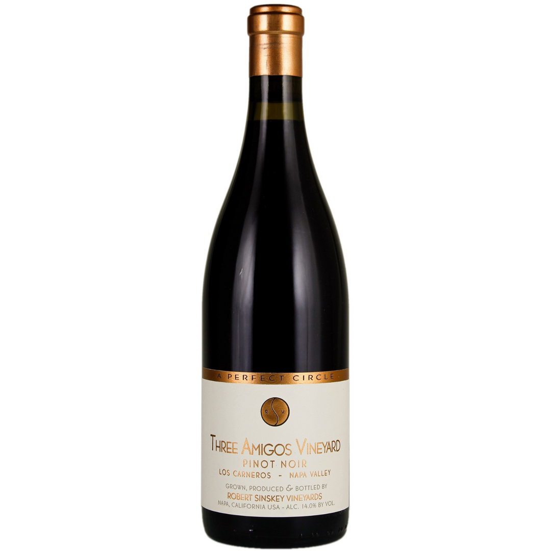 Bottle of Robert Sinskey Three Amigos Vineyard Pinot Noir 2017, a Pinot Noir red wine from Los Carneros, California.